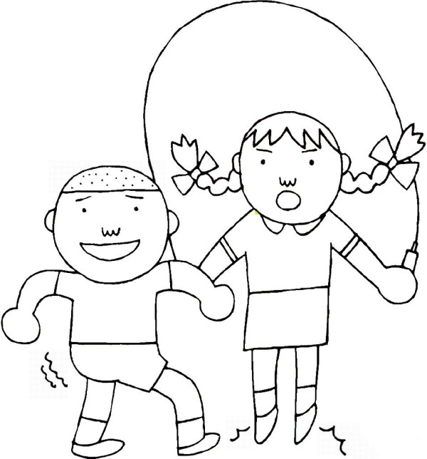 Simple drawing of primary school students skipping rope