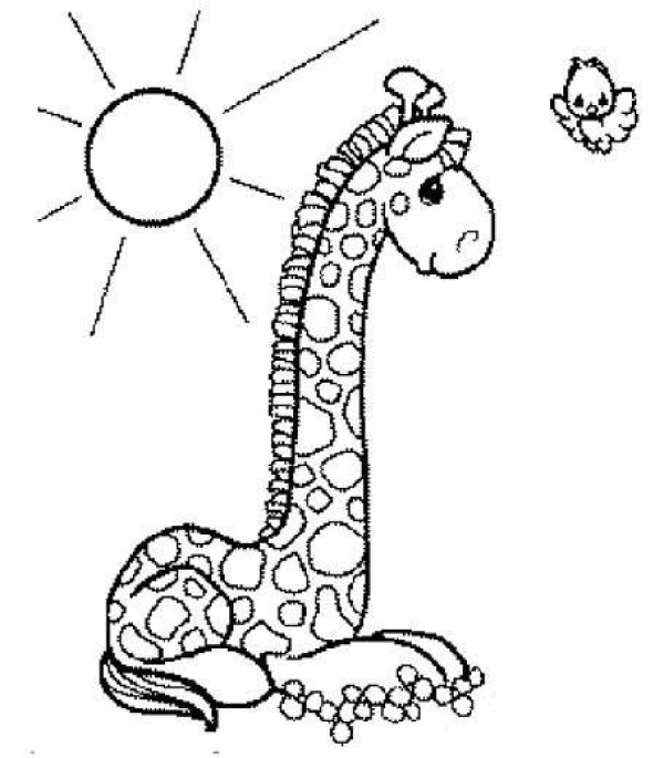 Simple sketch of landscape: Giraffe and bird under the sun