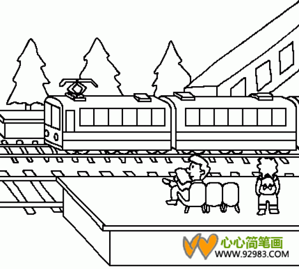 Simple drawings of trains and train platforms