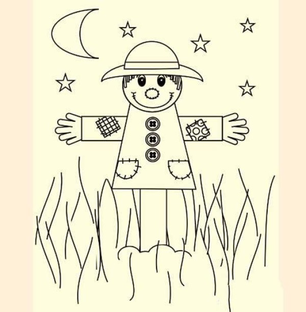 Simple drawing picture of scarecrow in the field at night