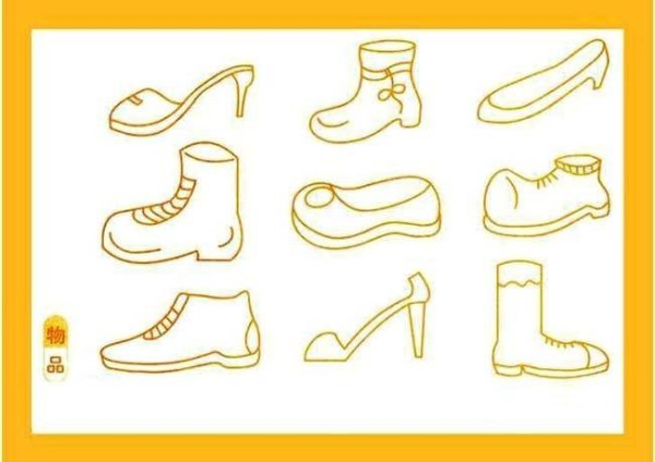 A complete collection of hand-painted simple drawing pictures of various shoes