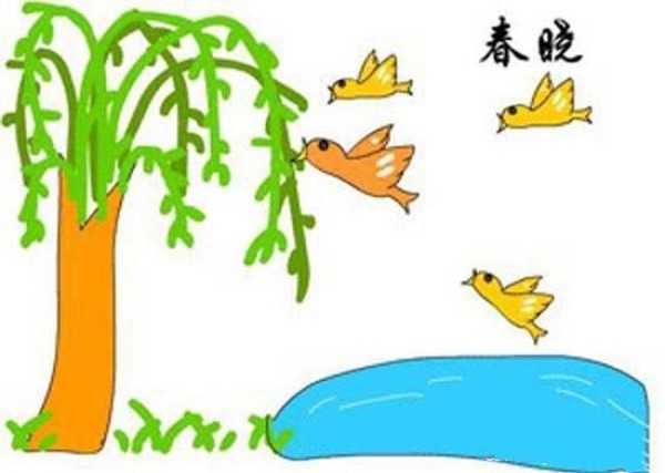 Childrens simple drawing: Birds flying in the willow tree by the pond