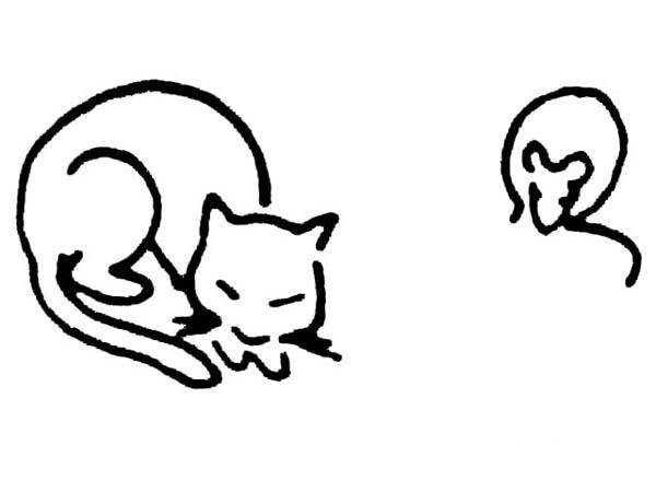 Childrens simple drawing: cat and mouse