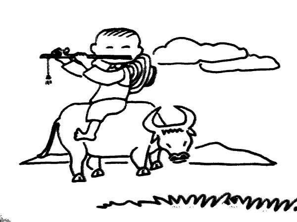 Childrens simple drawing pictures of Qingming Festival: Shepherd boy on the back of a cow