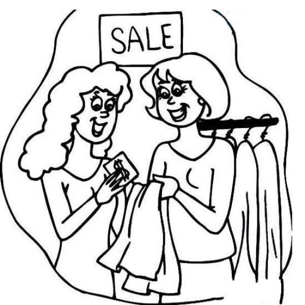 Childrens simple drawing pictures of Womens Day: Mom buys clothes at discount on Womens Day