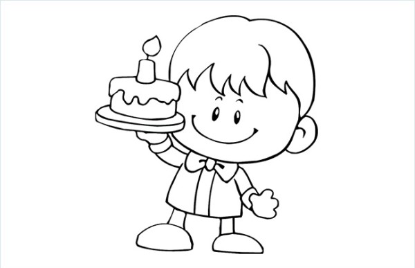 Simple drawing picture of child holding cake in hands