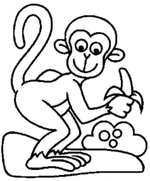 Childrens simple drawing: monkey eating banana