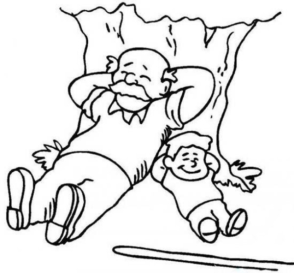 Childrens Labor Day simple drawing picture: grandfather and grandson resting after labor