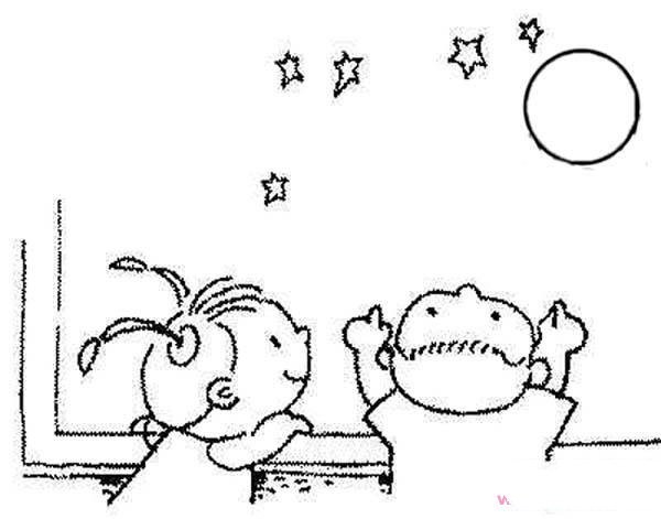 Simple drawings of Mid-Autumn Festival characters and scenes: brother and sister look at the moon