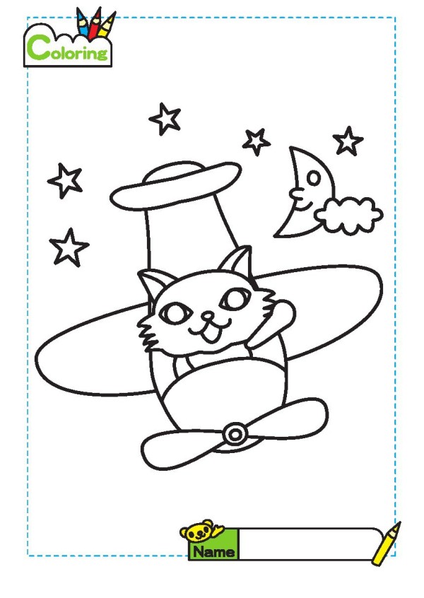 Kitten flying a plane simple drawing coloring card