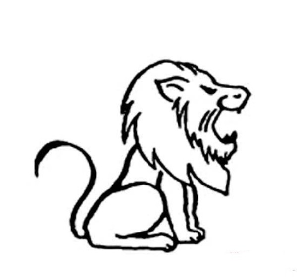 Simple side view of a squatting and roaring lion