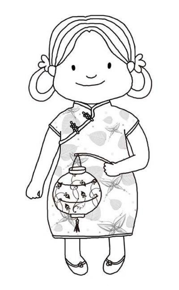 Simple drawing pictures of Lantern Festival characters: little girl with jacquard lantern