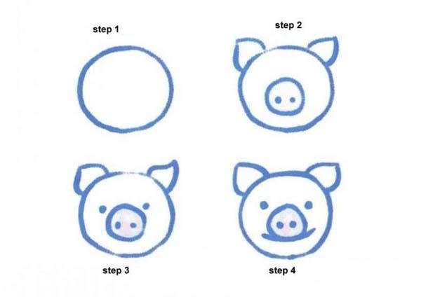 Simple drawing tutorial of hand-painted pig head