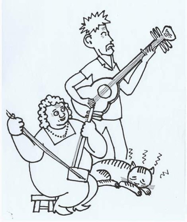 Simple drawing picture of couple playing erhu and guitar