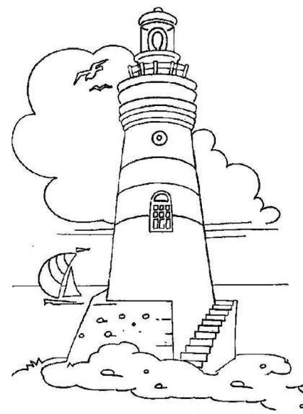 Childrens simple drawing pictures of scenery: seaside lighthouse