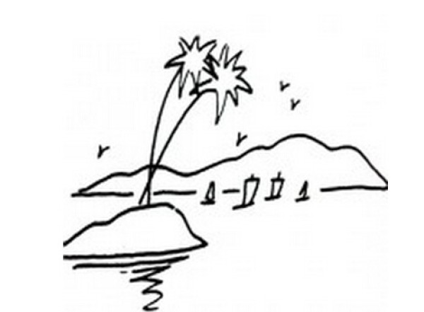 Simple drawing of seaside scenery Island Coconut Grove