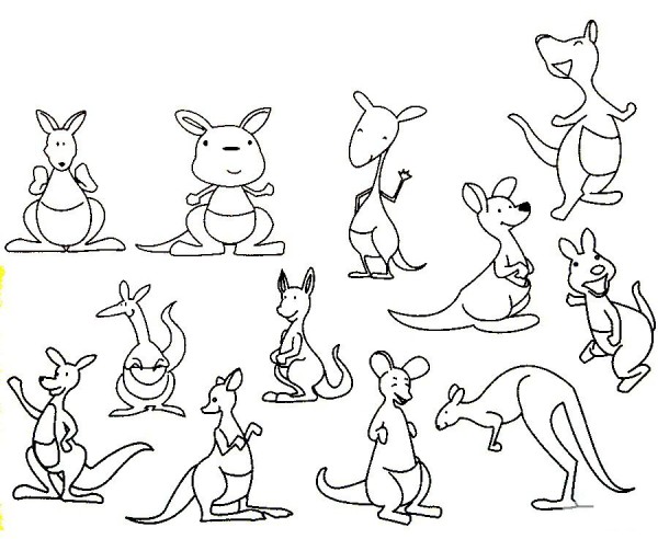 Complete collection of kangaroo simple strokes and drawing steps