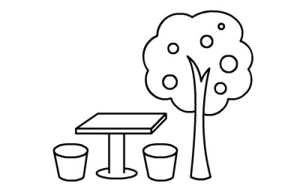 Simple drawing picture of apple tree and stone bench