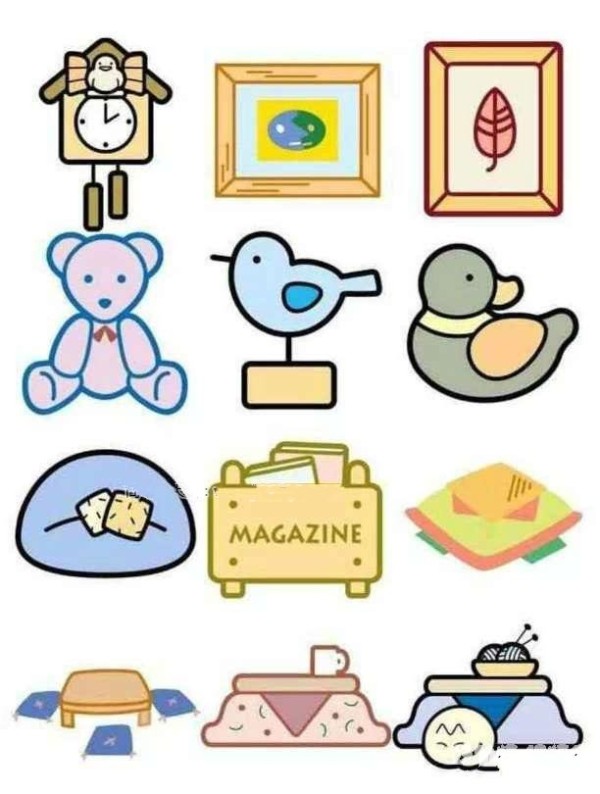 Childrens simple drawings of colorful household items