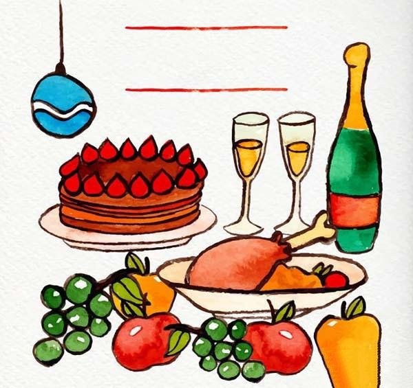 A complete collection of colorful simple drawings of Christmas dinner food