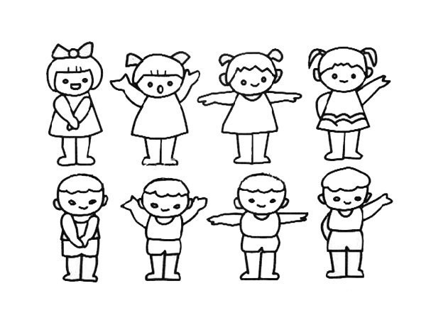 Simple drawing of primary school students doing morning exercises