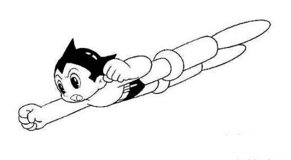 Childrens simple drawing of Astro Boy in flight