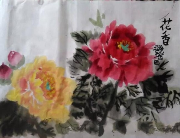 Traditional Chinese painting of peonies competing for beauty