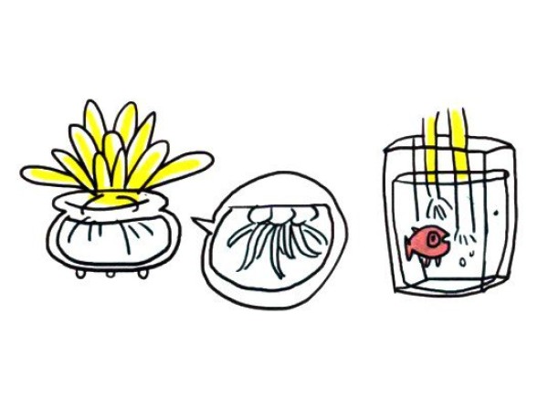 Draw cute simple drawings of water and green plants in four steps