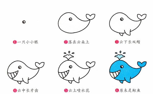 Step by step drawing of cute blue whale