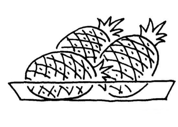 A complete collection of simple drawing pictures of three pineapples on a plate