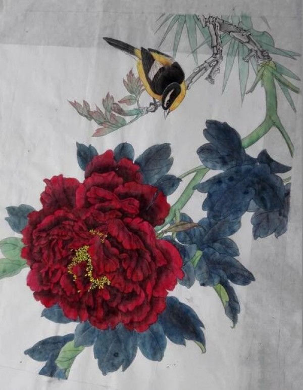 Peonies and birds, part-time job with traditional Chinese painting