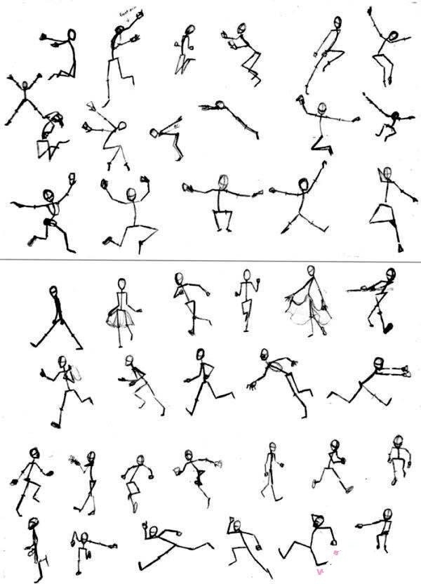 A collection of pictures of childrens simple drawings of stick figures with various actions