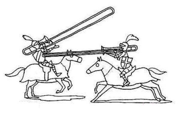 Simple drawing picture of a horseman playing trombone on horseback