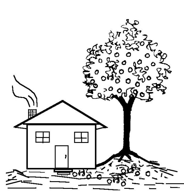 Childrens simple drawing of building house under the tree