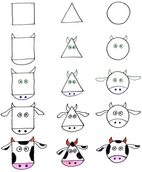 Three simple drawing methods of a little cow