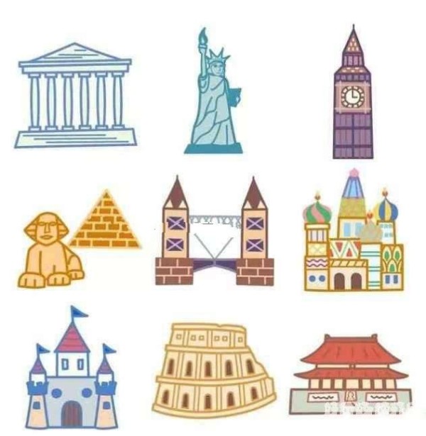 Colorful simple drawing pictures of famous buildings