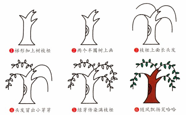 Step by step drawing of green willow tree