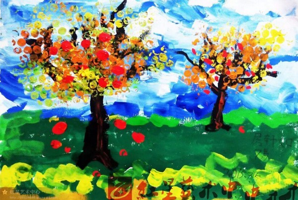 Harvest apple tree, harvest autumn childrens drawing