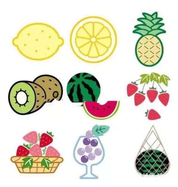 Childrens simple drawings of colorful fruits