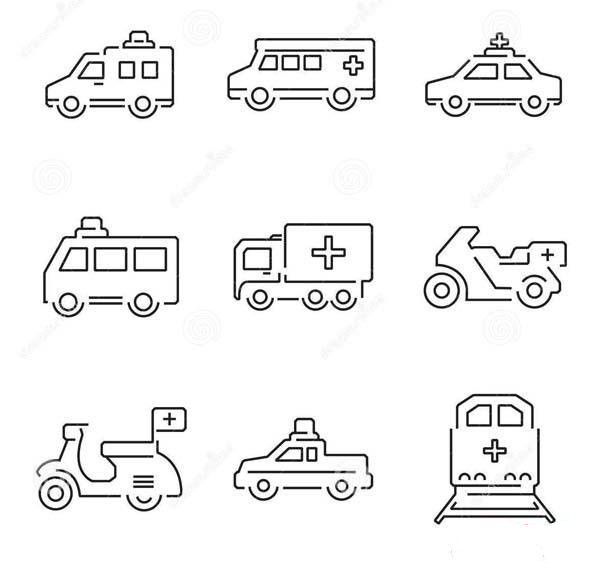 A collection of simple drawing pictures of various types of ambulances