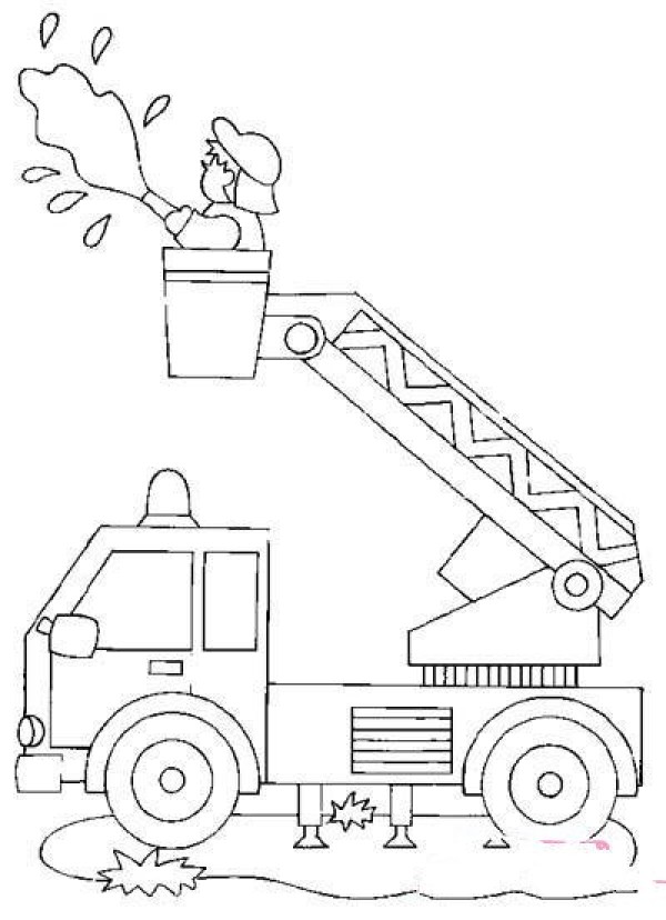 Simple drawing picture of fire truck fighting fire