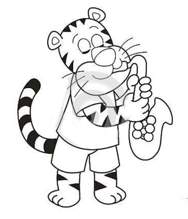 A collection of simple drawing pictures of cartoon tiger playing saxophone