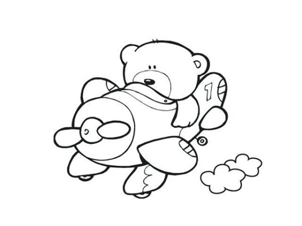 Simple drawing of little bear flying a plane