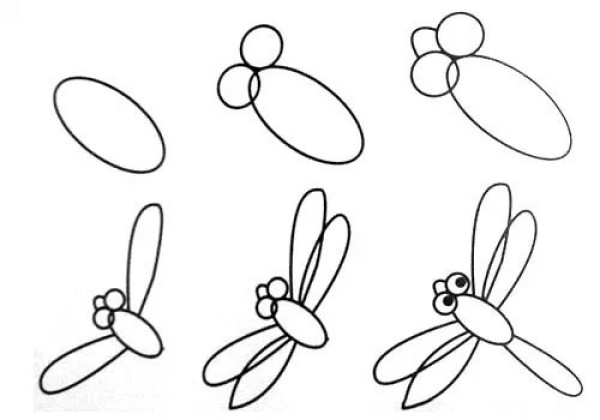 Steps to draw a dragonfly in simple strokes