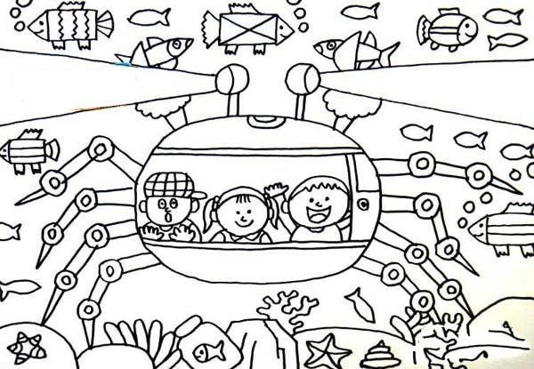 Childrens simple drawing pictures of swimming in the underwater world