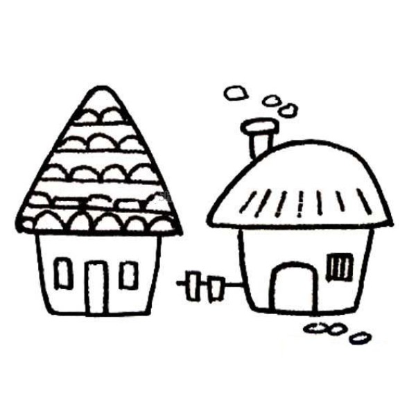 Simple drawing of thatched cottage in the countryside