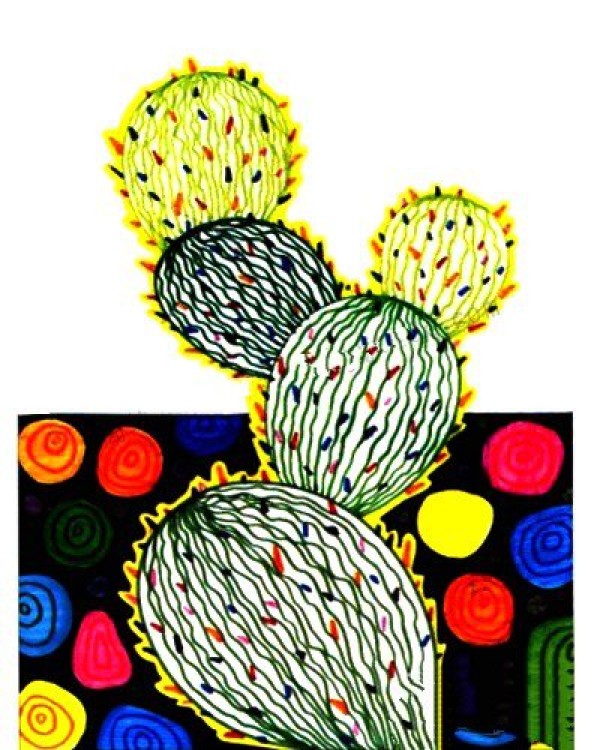 Childrens watercolor painting of plants, cactus