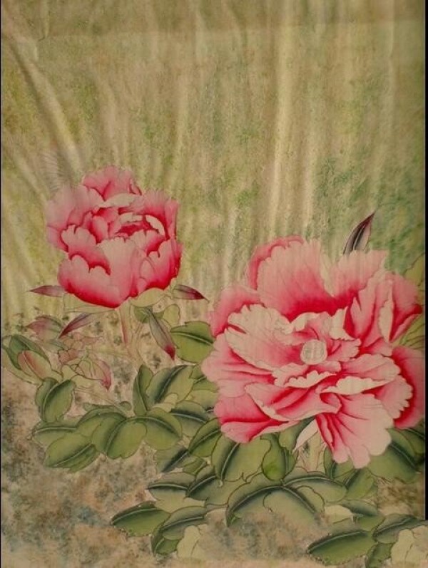 Childrens meticulous flower and bird painting of rich peonies