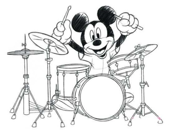 Cartoon drum set simple drawing pictures: Mickey Mouse fighting drums