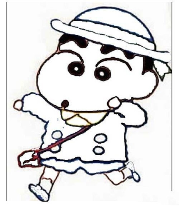 Simple drawing picture of Crayon Shin-chan carrying a school bag to school